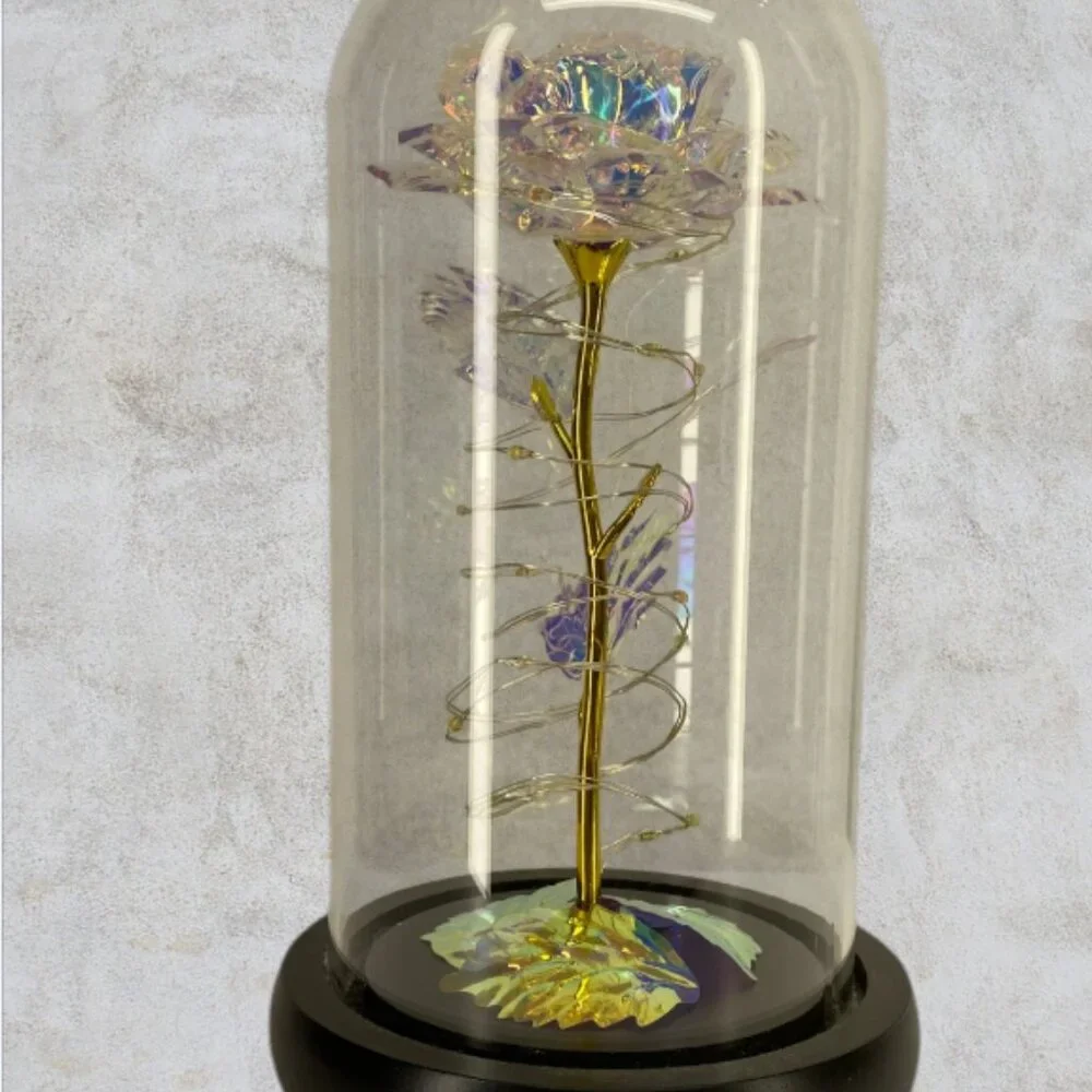 LOVE FOREVER LED ROSE -- Metallic Rose Inside Glass Dome, Lighted, LED, Like New